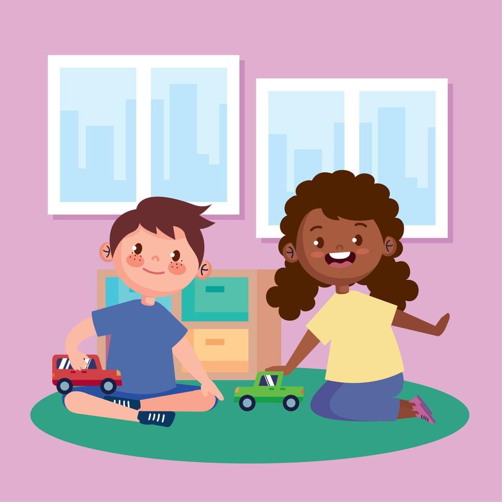 little kids couple playing with cars vector