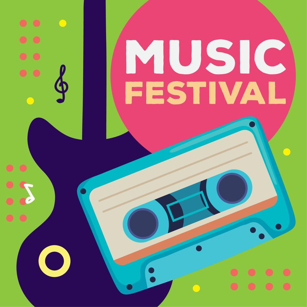 music festival lettering with cassete and guitar vector