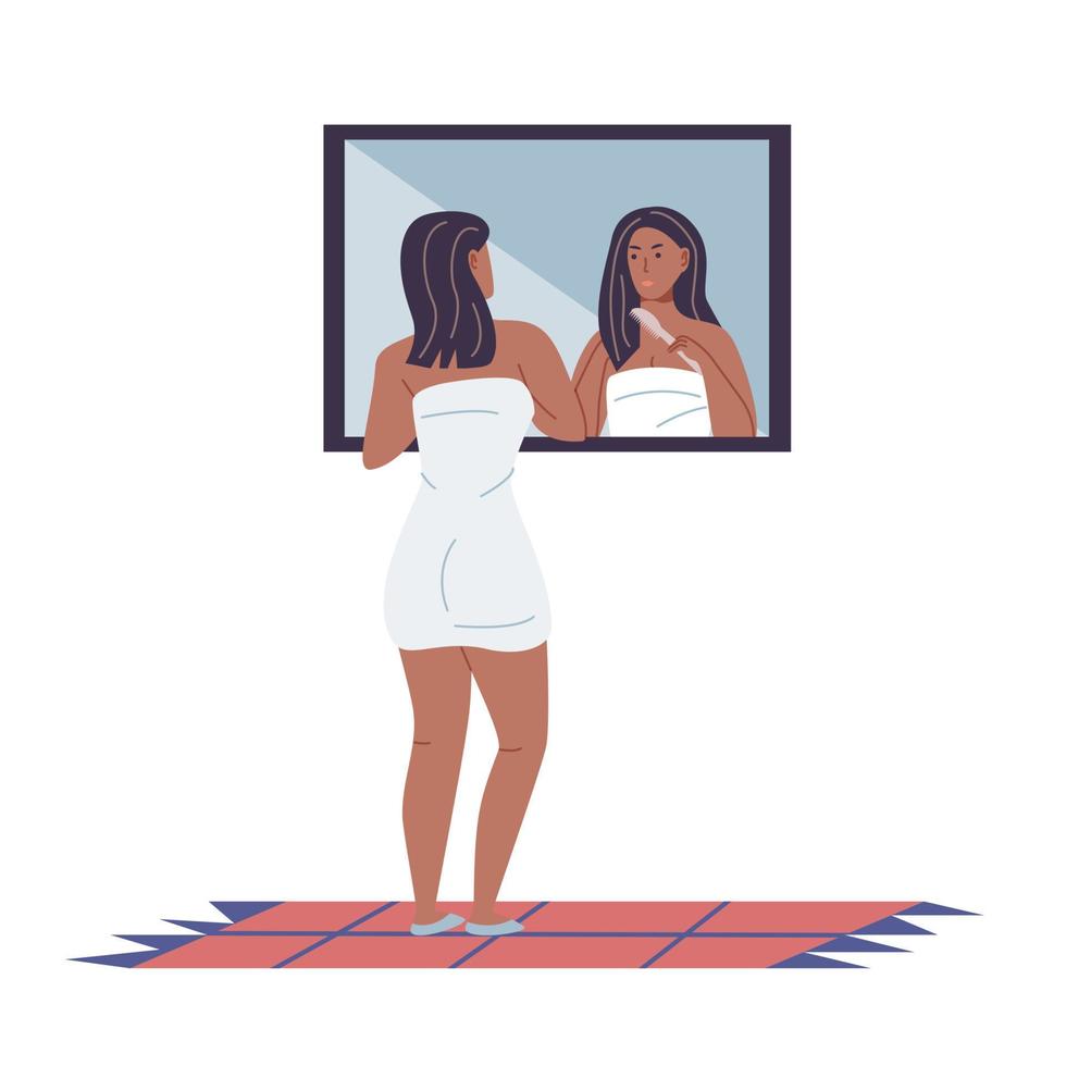 Cute young black woman standing in front of mirror combing vector