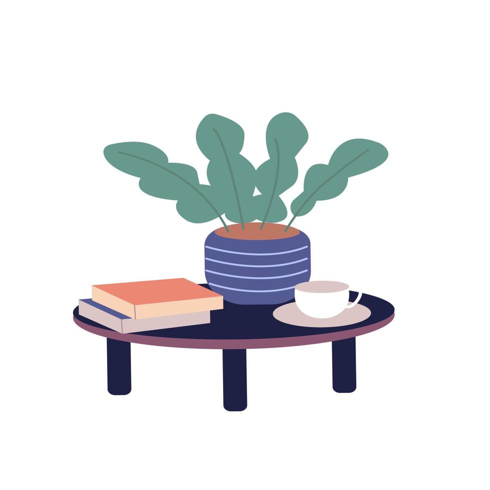 planta casera en la mesa de café, una taza de café y un libro vector