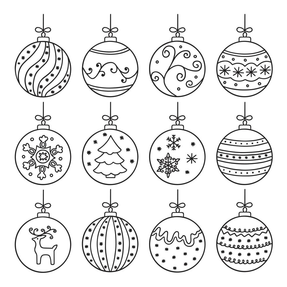 Hand drawn set of christmas balls doodle. New Year decoration in sketch style. Vector illustration isolated on white background