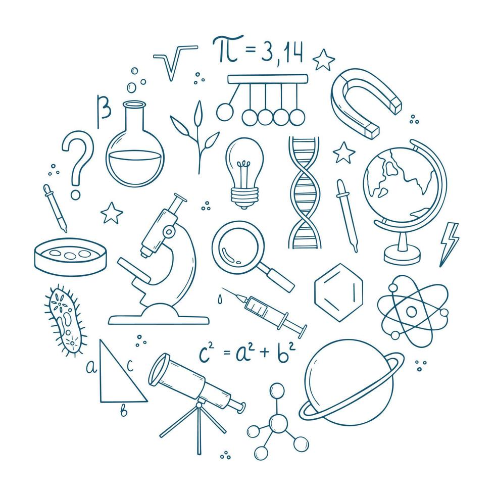 Set of Education and Science doodle. Formulas in mathematics and chemistry, laboratory equipment in sketch style. Hand drawn vector illustration