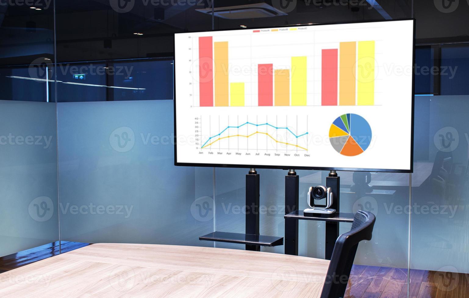 Mock up chart slide show presentation on display television with camera webcam in meeting room photo