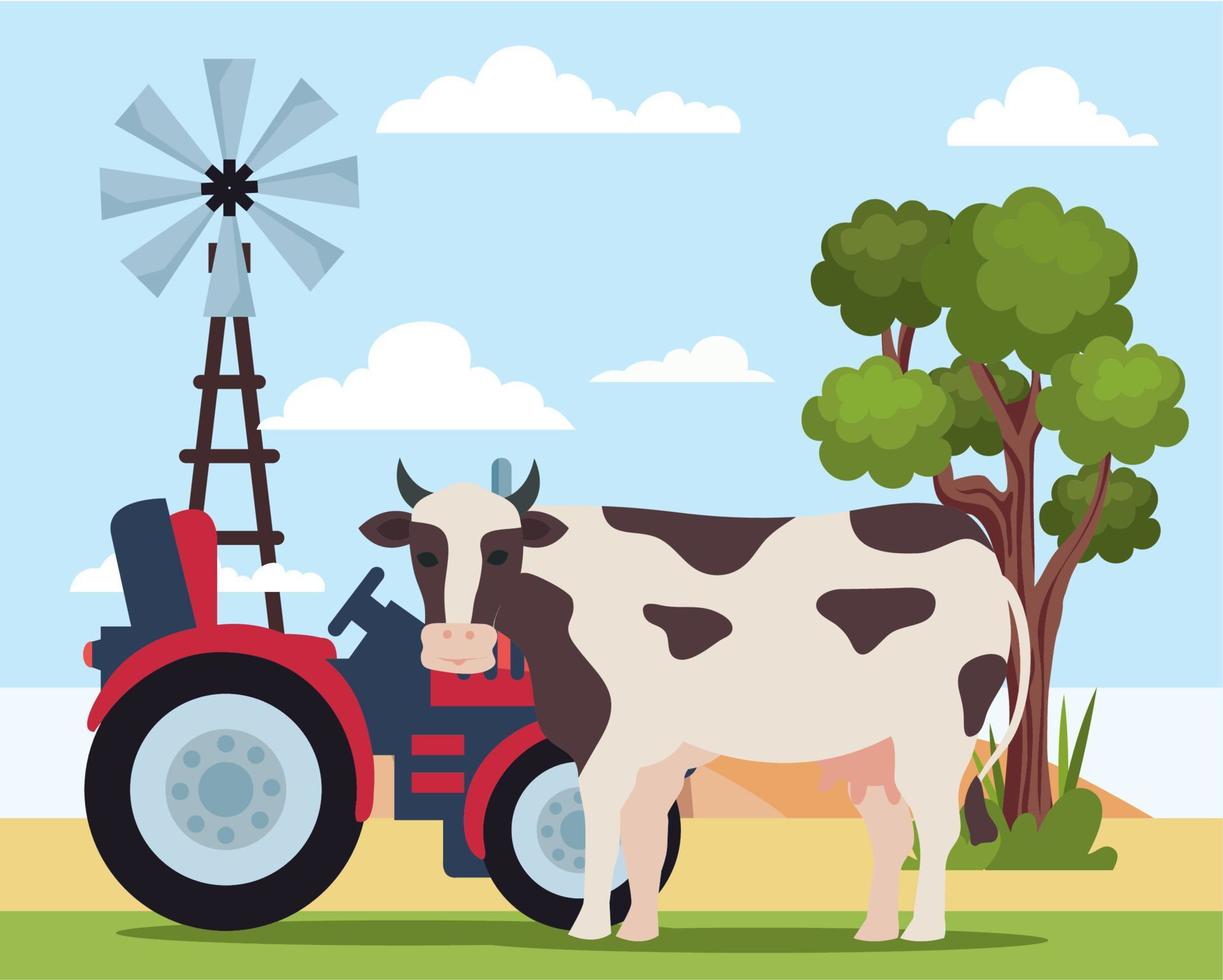 cow with tractor farm vector