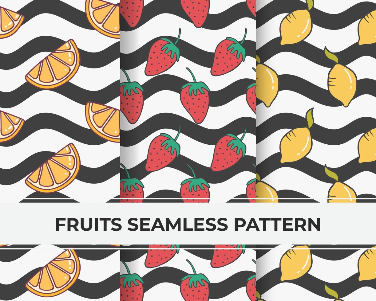 patrón de frutas, frutas vector conjunto de patrones sin fisuras. fondo de frutas con trazos de línea negra.