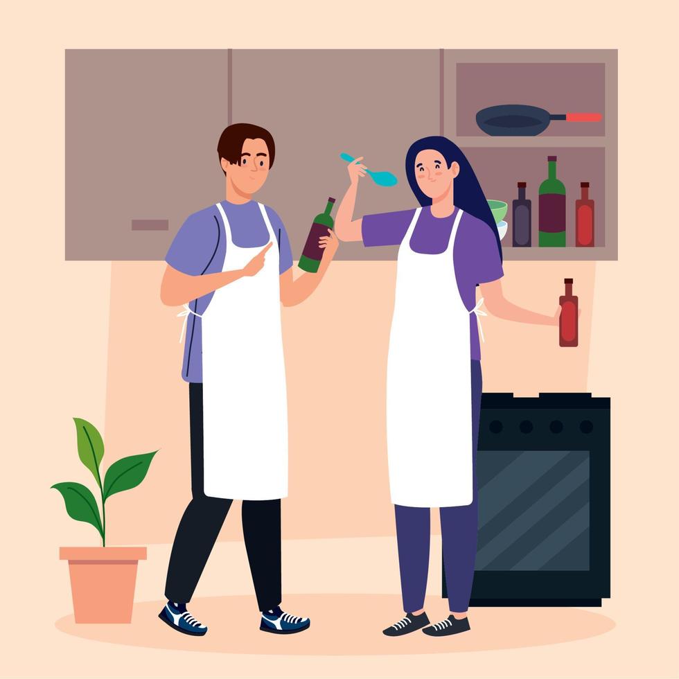 couple cooking with bottles vector