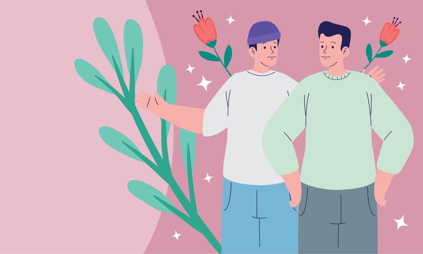 male friends with flowers vector