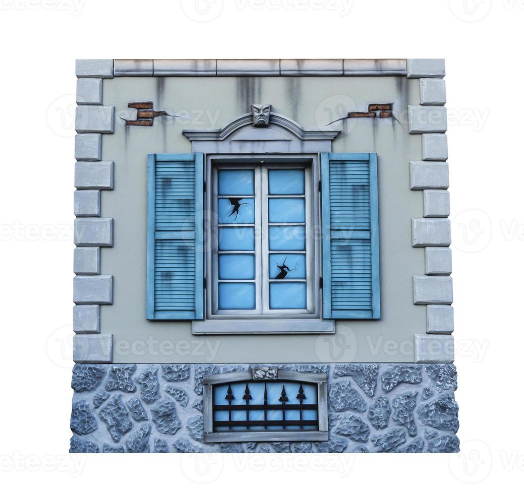 Old abandoned building european style with cracked blue windows isolated on white background and clipping path photo
