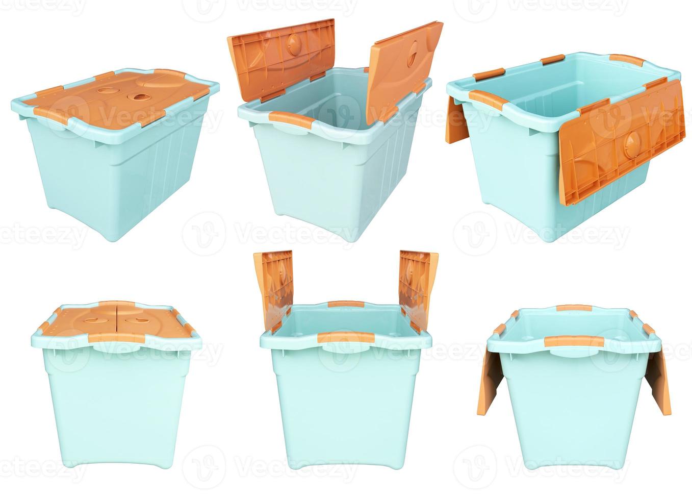 Collection green plastic storage box isolated on white background photo