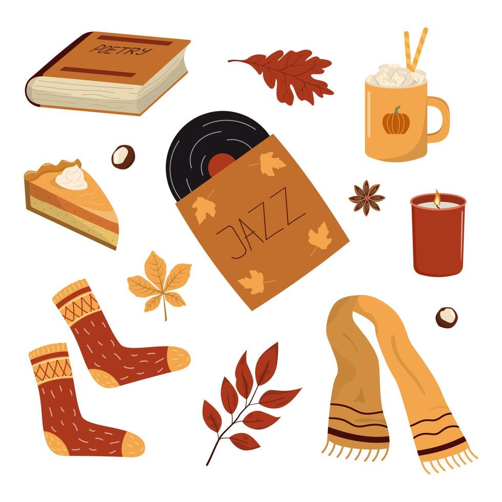 Cozy autumn collection. Hot drink, pie, music record, book, knitted socks, scarf, candle. Isolated on white background. Autumn greeting card or banner vector