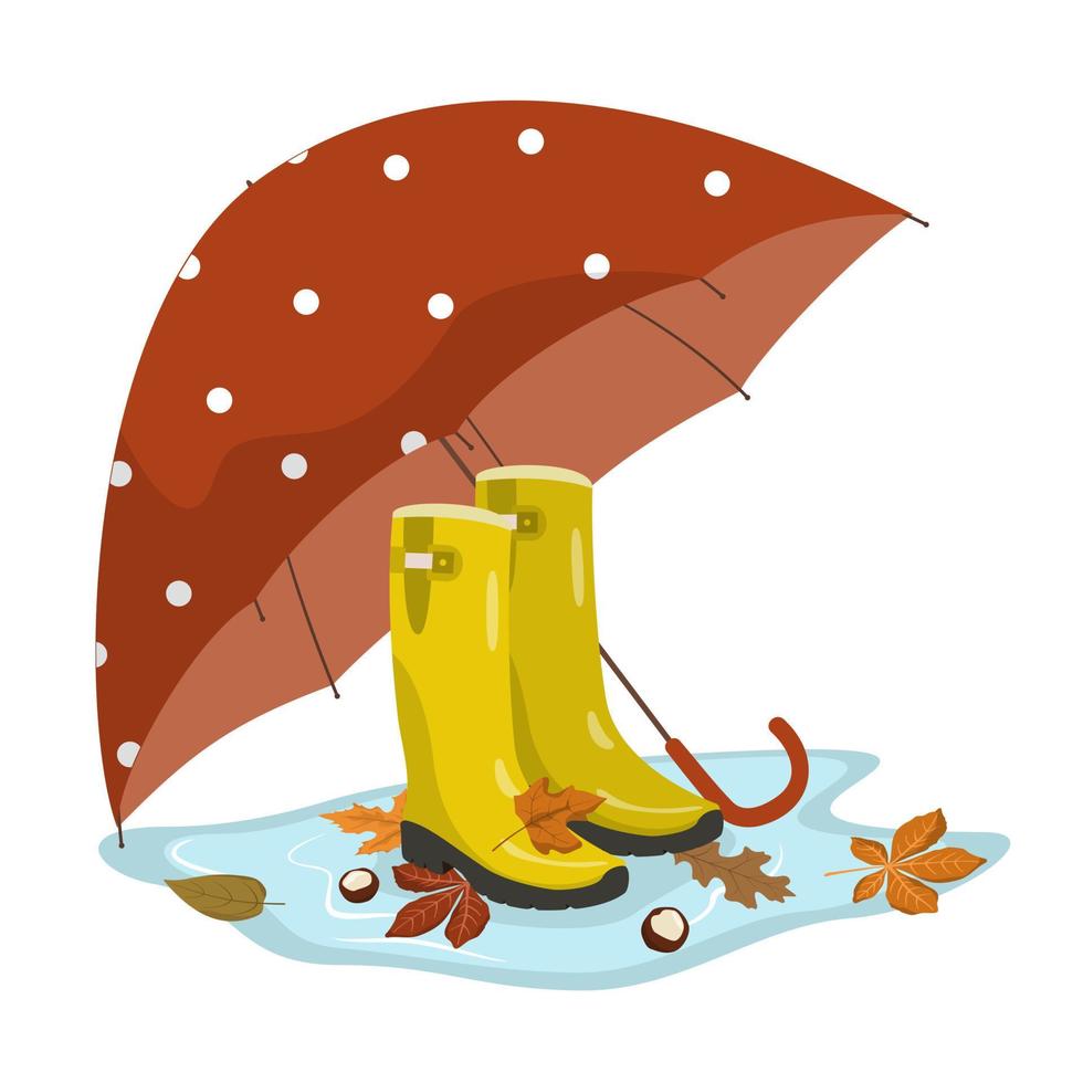 Autumn rubber yellow boots and red umbrella, fallen leaves, chestnuts, puddle after rain. Isolated on white background. Autumn rainy day. vector