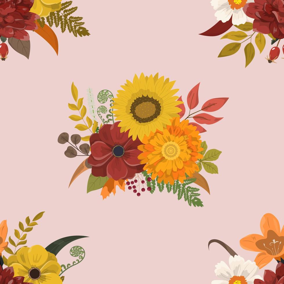 Autumn harvest floral bouquets wallpaper with burgundy, orange, yellow flowers and forest leaves on pastel pink background. Autumn season wallpaper. vector