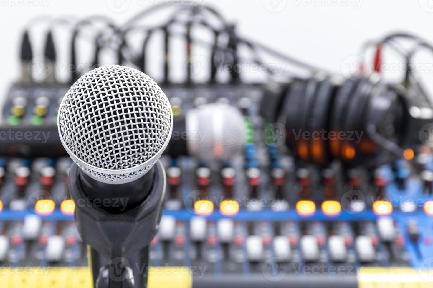 The microphone on tripod with mixer background in sound control room. photo