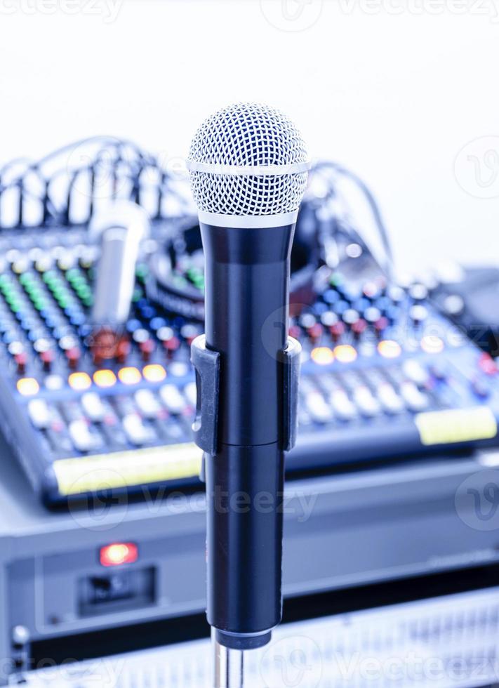 Microphone on tripod center image with mixer background photo