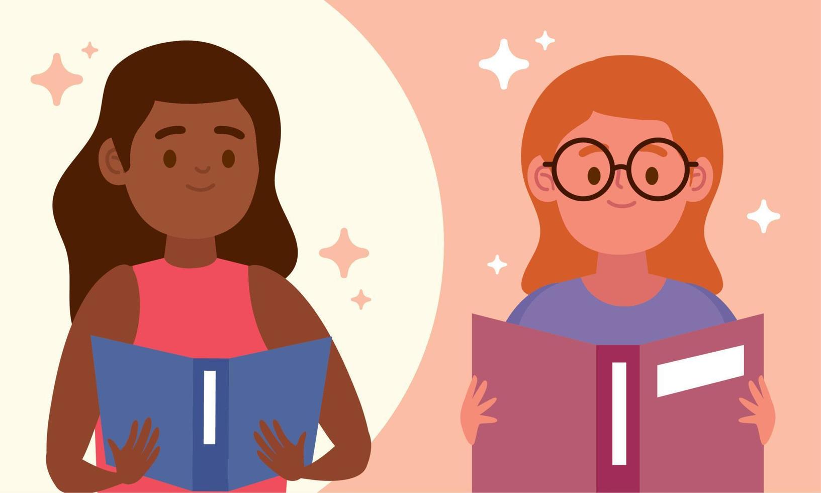 little girls reading books vector