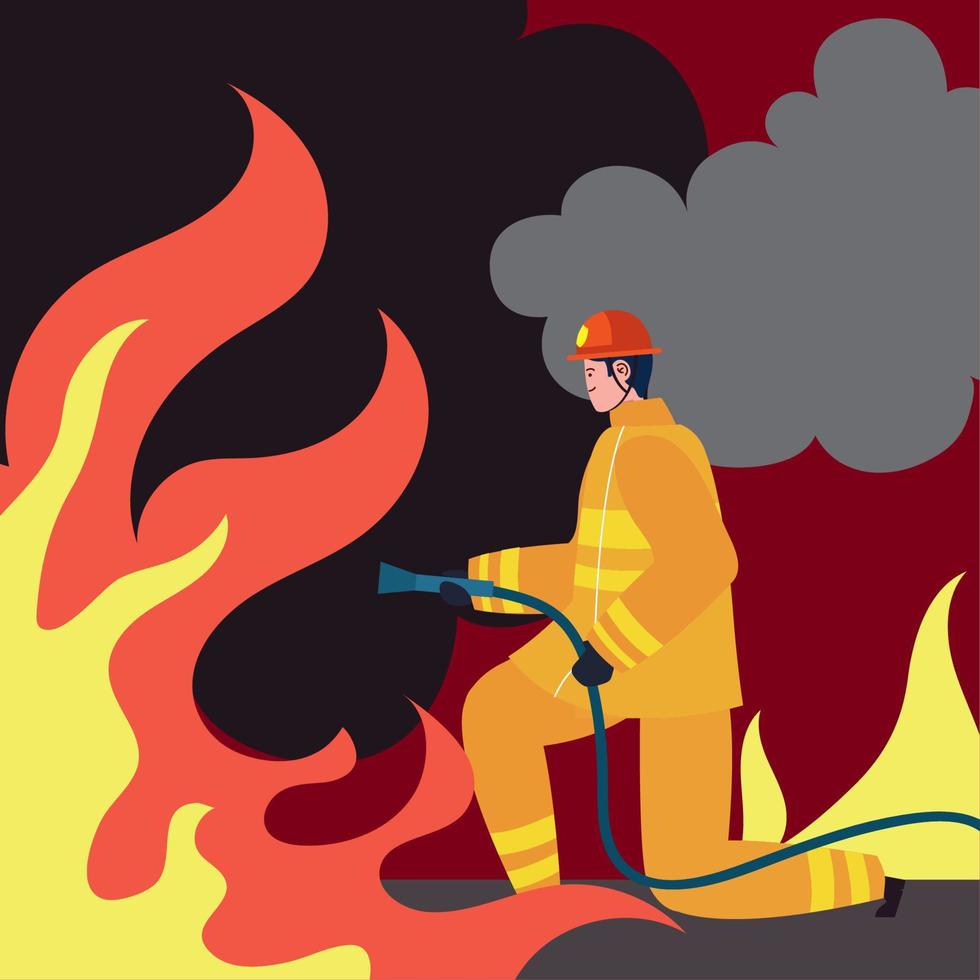 fireman with hose and flames vector