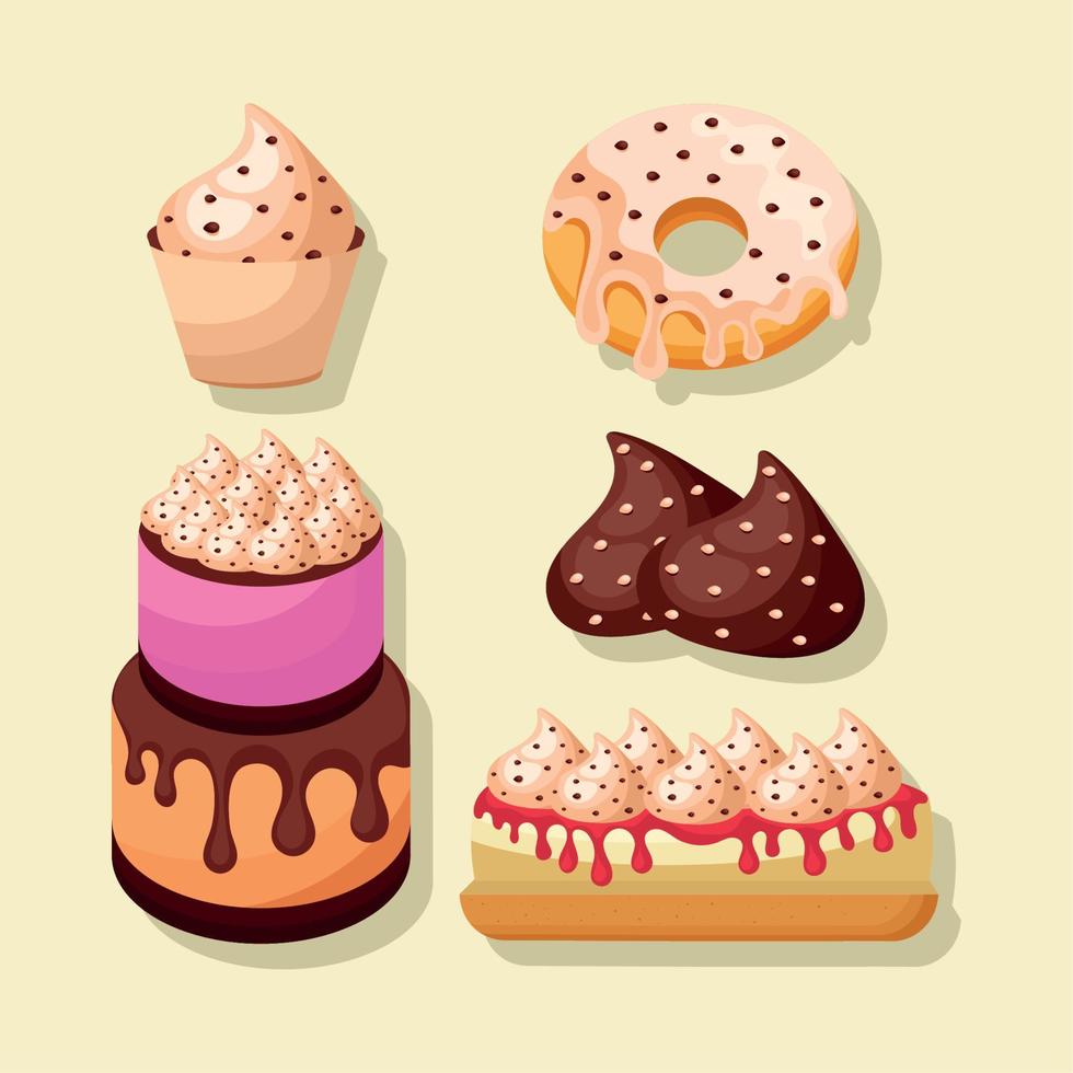 five desserts products icons vector