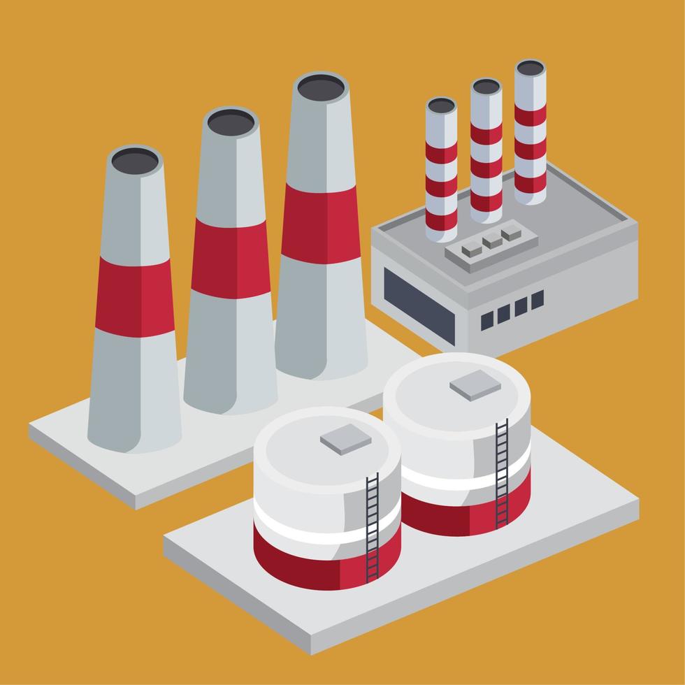 isometric industrial chimneys and tanks vector