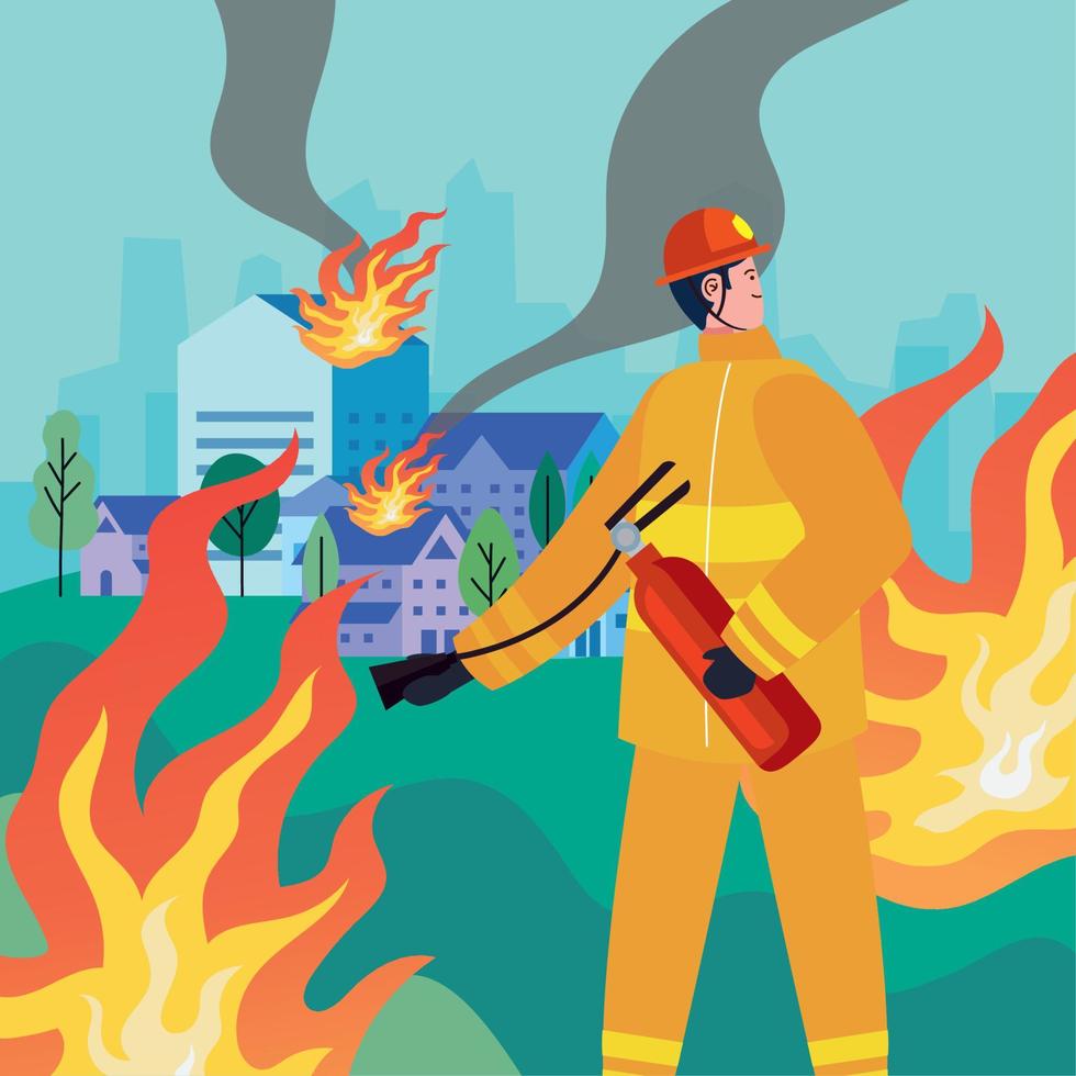 fireman putting out fire with extinguisher vector