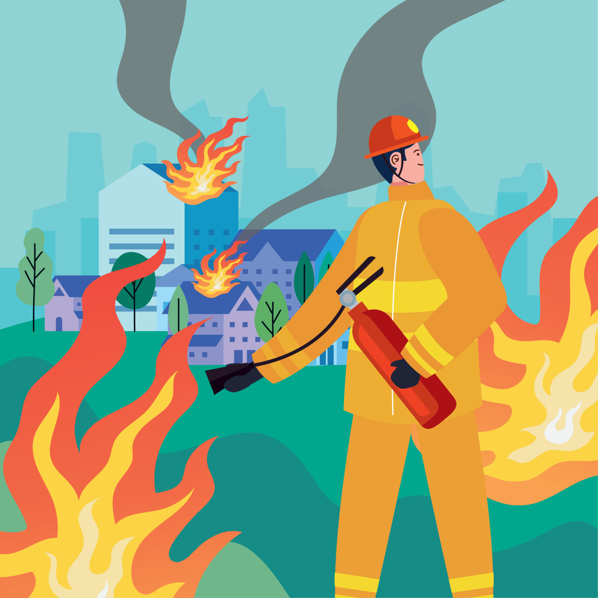 fireman putting out fire with extinguisher 11375727 Vector Art at Vecteezy