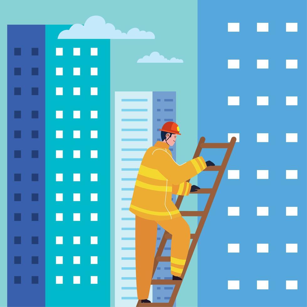 firefighter climbing stair in building vector