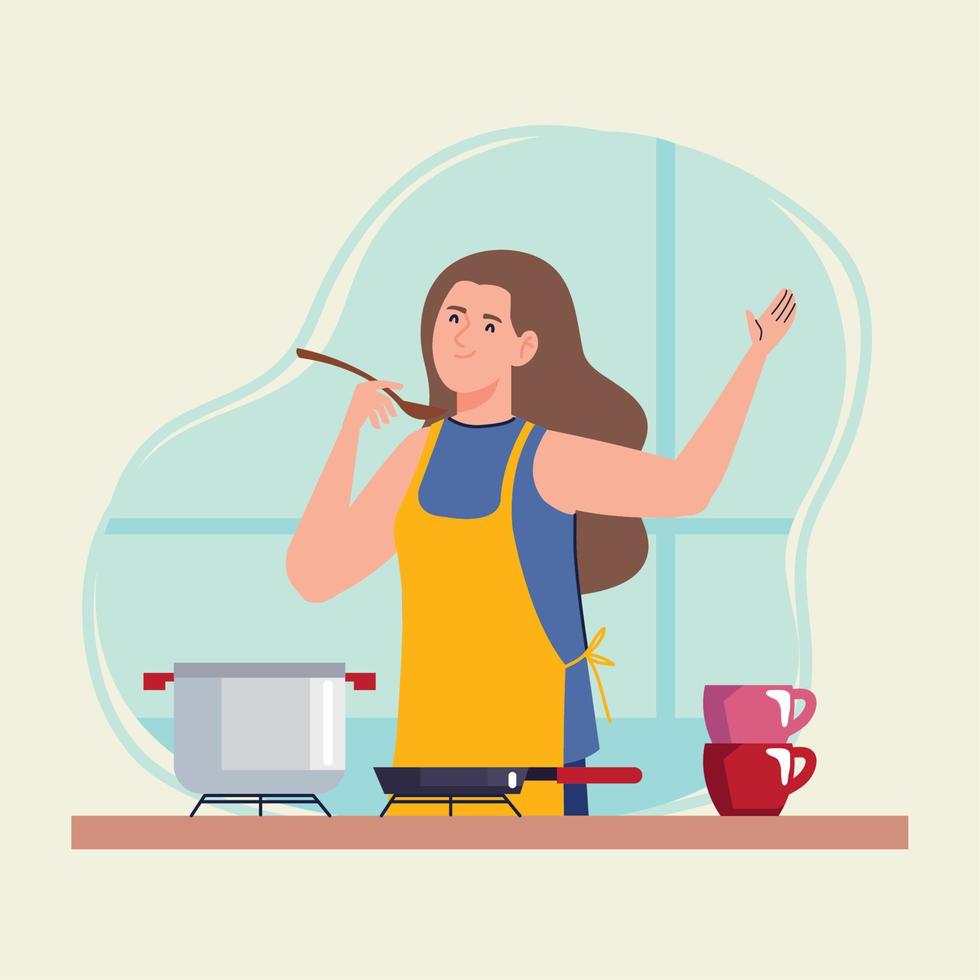 mujer cocinando con delantal amarillo vector