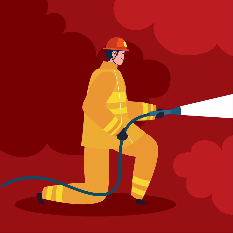 firefighter kneeling with hose vector