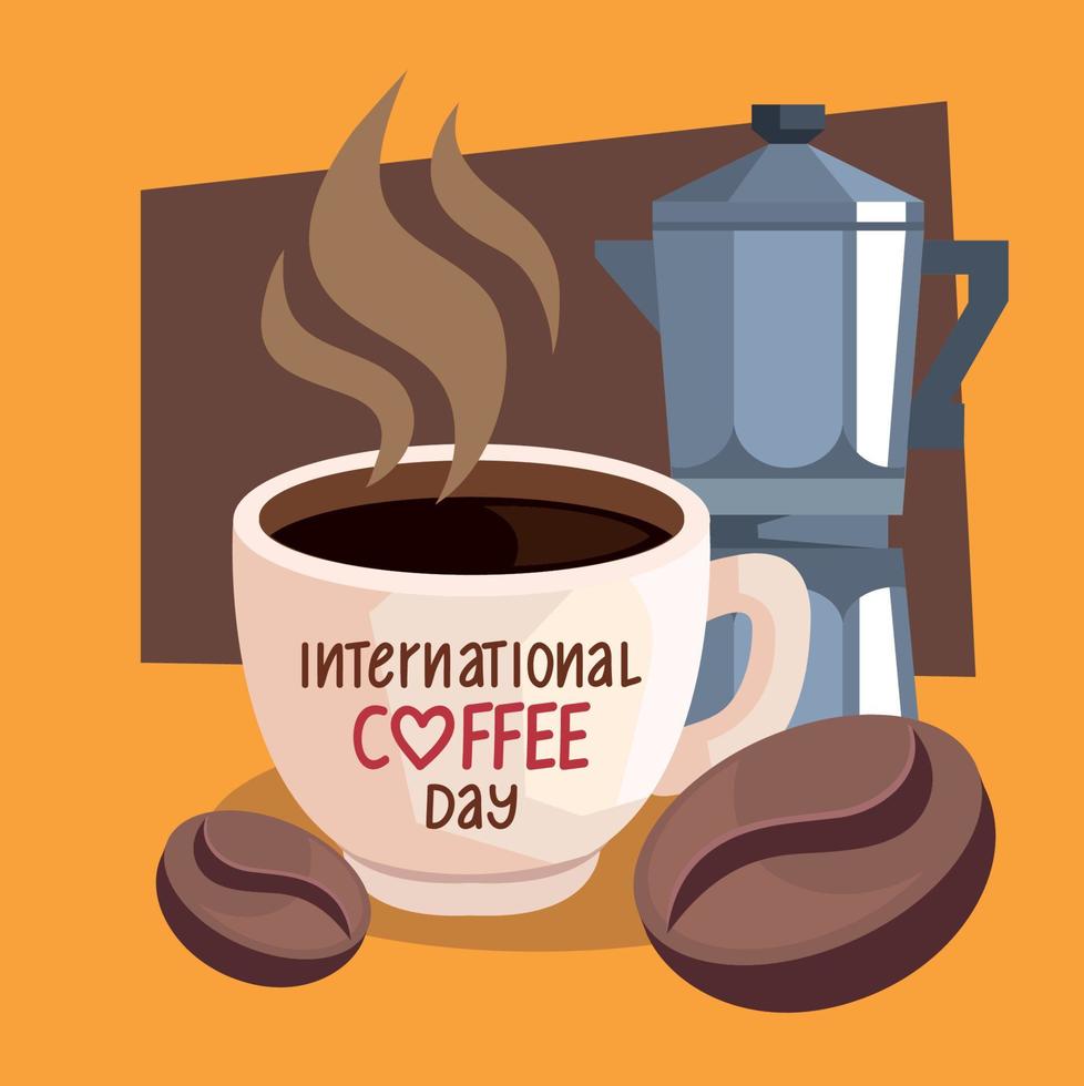 international coffee day lettering with kettle vector