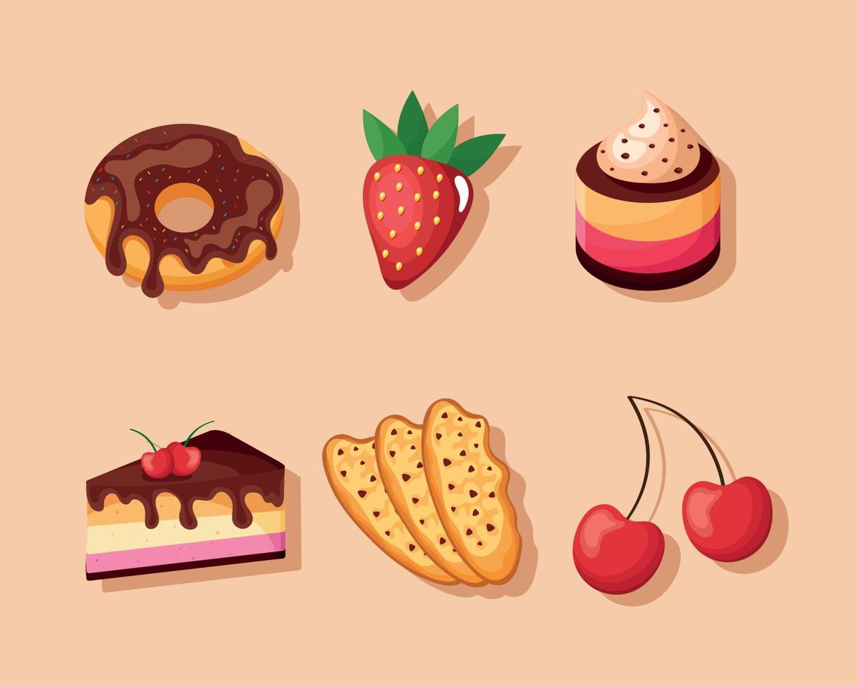 six desserts products icons vector