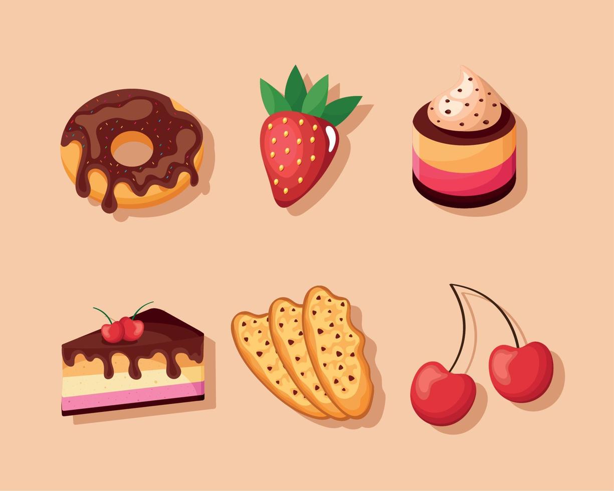 seis iconos de productos de postres vector