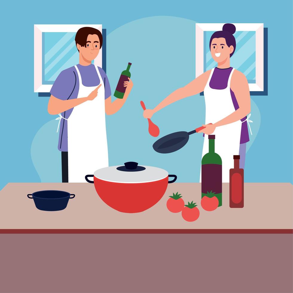 couple cooking with tomatoes vector