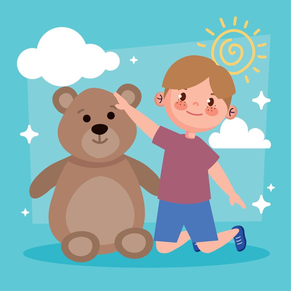 little boy playing with teddy vector