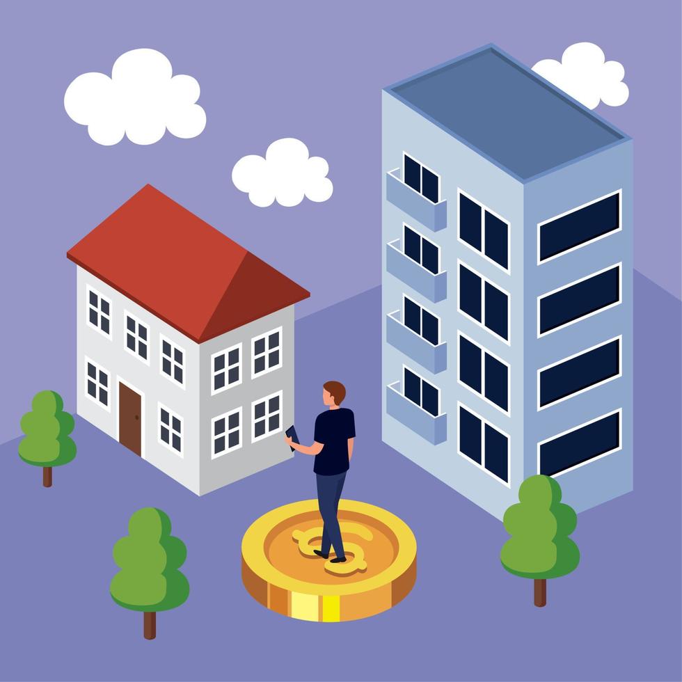 hombre en moneda con edificios vector