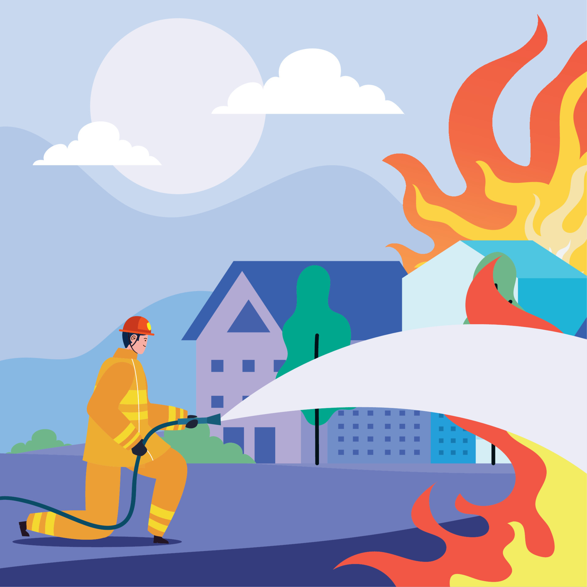 fireman putting out fire with hose 11375973 Vector Art at Vecteezy