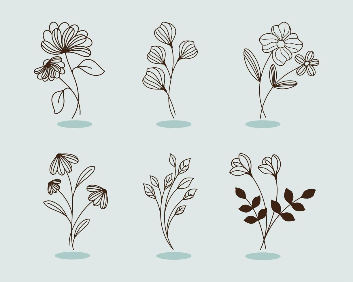 seis iconos de jardín de flores vector