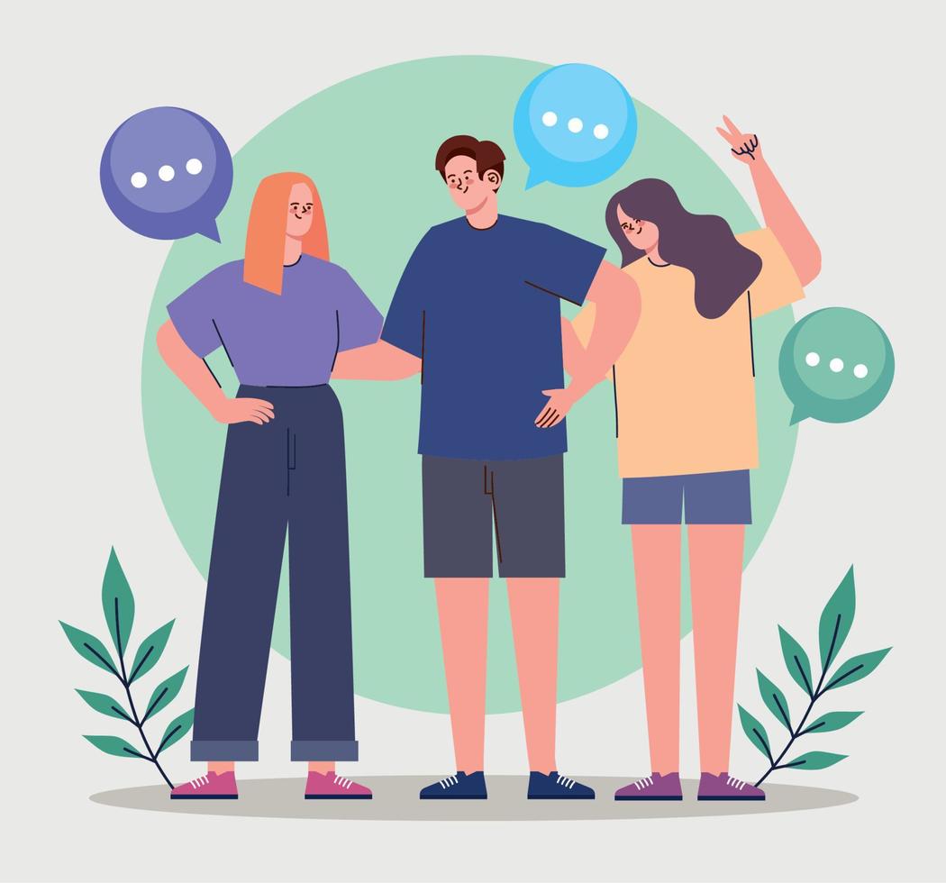 three young friends with speech bubbles vector