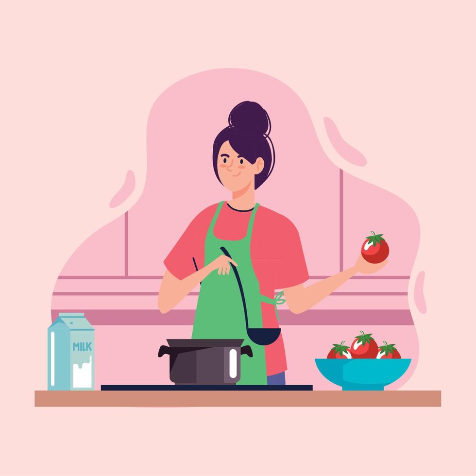 mujer cocinando con delantal verde vector