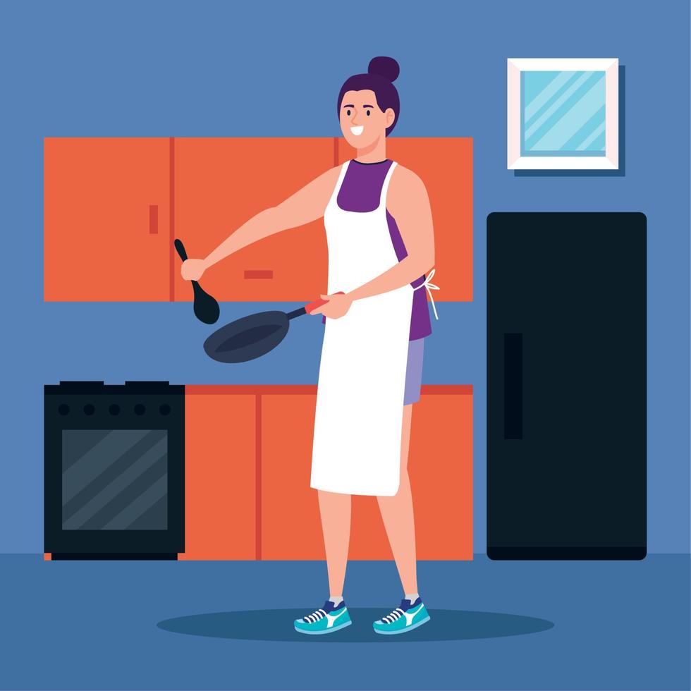 woman cooking with pan vector