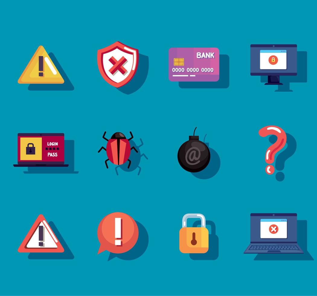 twelve cyber fraud icons vector