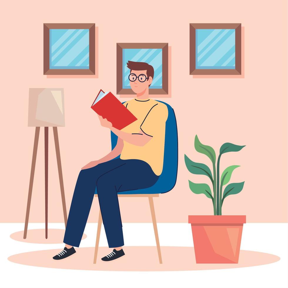 man seated reading book vector