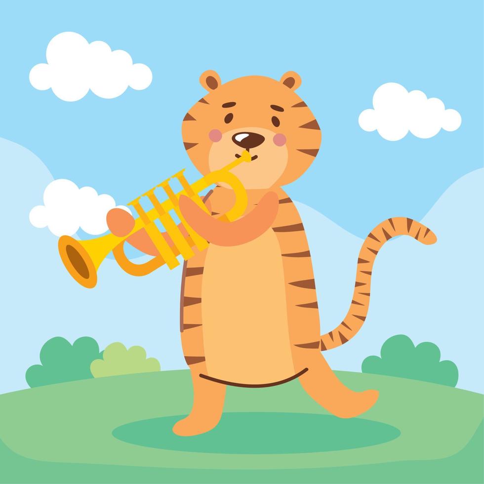 tigre tocando escena de trompeta vector