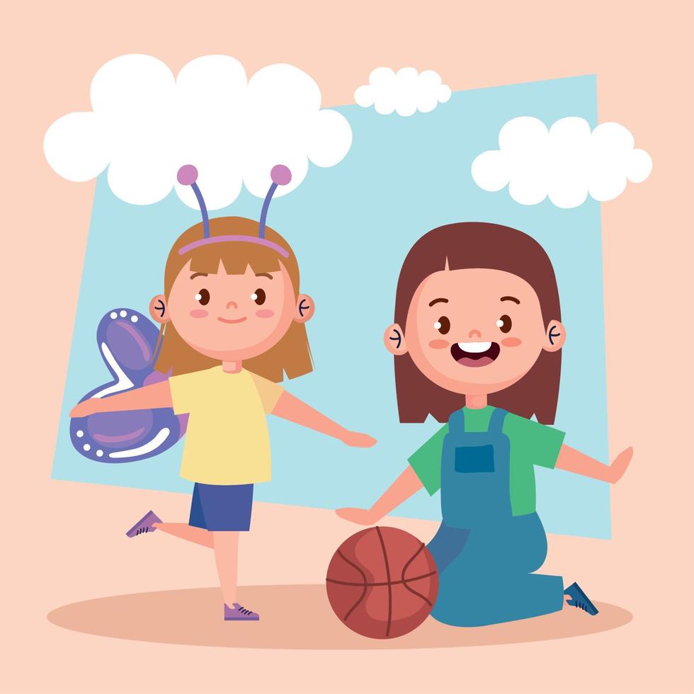 little girls playing with basketball balloon vector