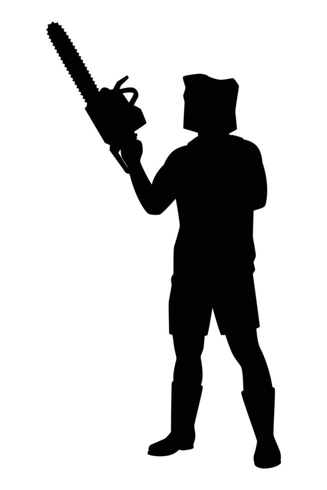 killer with chain saw machine, hunter with weapon silhouette vector on white background, people graphic design for Halloween day.