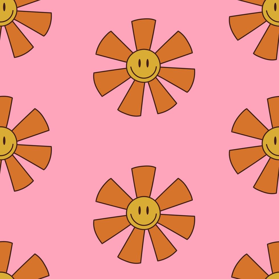 Groovy trippy seamless pattern with sun and smile. Vector illustration