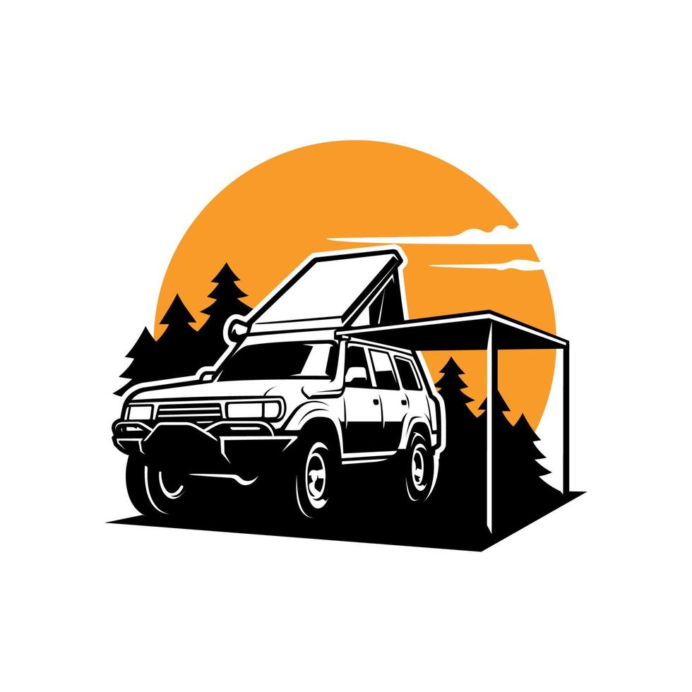 SUV adventure car with top tent and awning illustration vector
