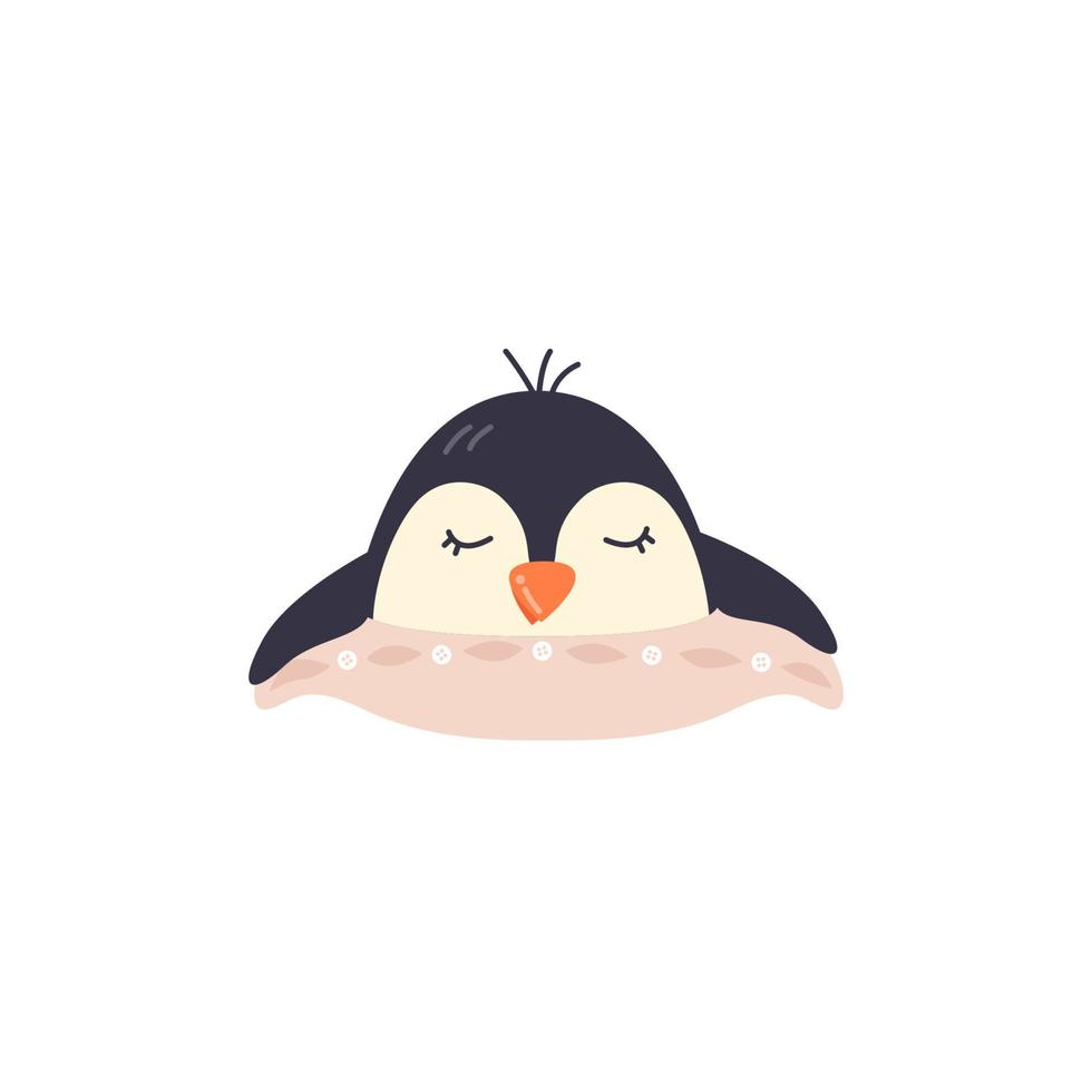 adorable bebé animal durmiendo. diseño de impresión de vivero escandinavo. pequeño pingüino polar tomando una siesta en la almohada. personaje de dibujos animados infantiles. ilustración vectorial infantil plana dibujada a mano aislada en blanco vector