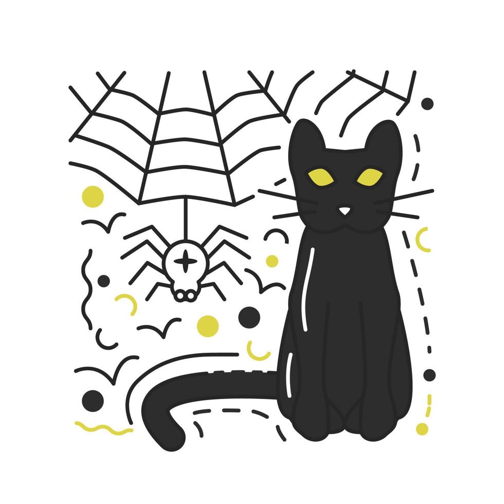 Mysterious cat with staring yellow eyes isolated on white. Textured Halloween traditional symbols concept design. Black kitten sitting next to spider and spiderweb. Hand drawn flat vector illustration