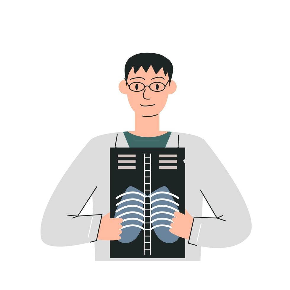 Male physician showing x ray image result. Doctor with chest radiography. Phthisiatrian holding x-ray examination. Medical diagnostics bones skeleton checkup. Hand drawn flat vector illustration