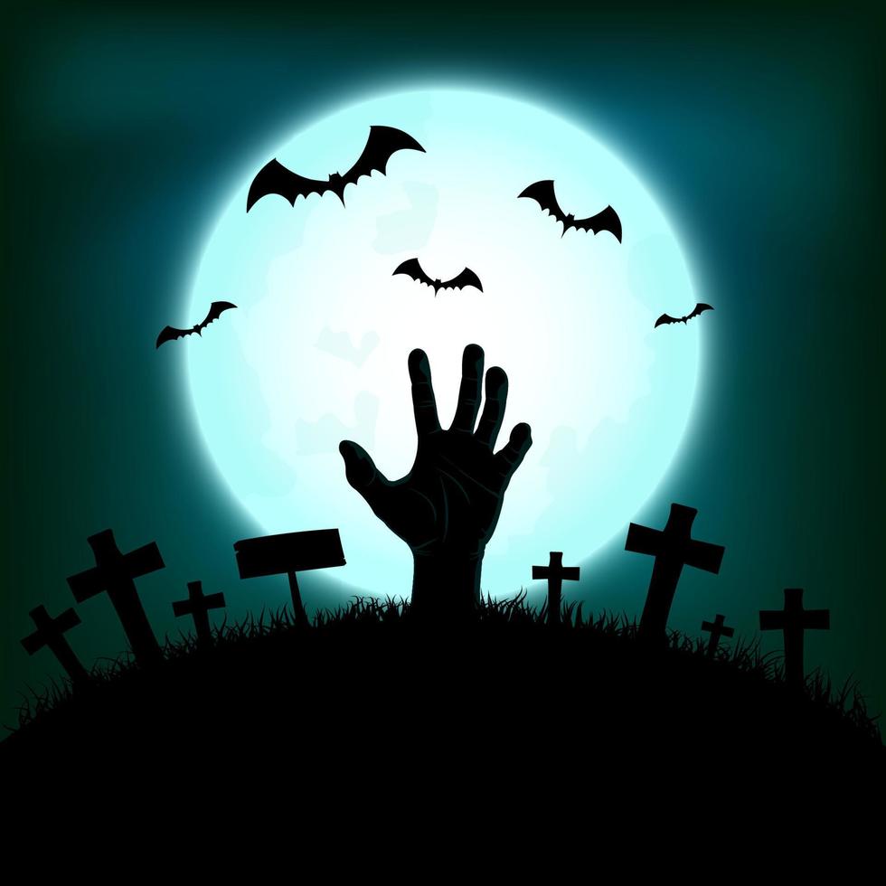 Halloween concept with zombie hand rising out from the ground of earth with bat and spider in full moon night background, Vector illustration