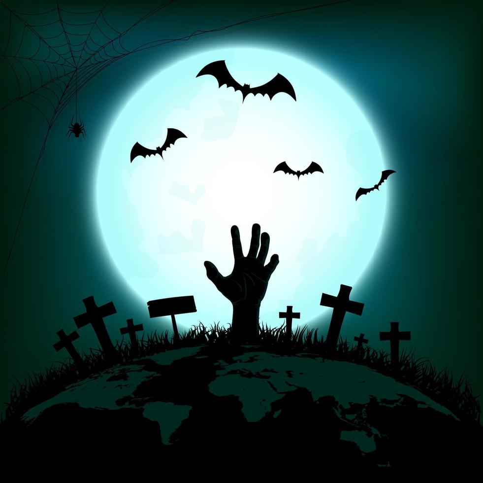 Halloween concept with zombie hand rising out from the ground of earth with bat and spider in full moon night background, Vector illustration